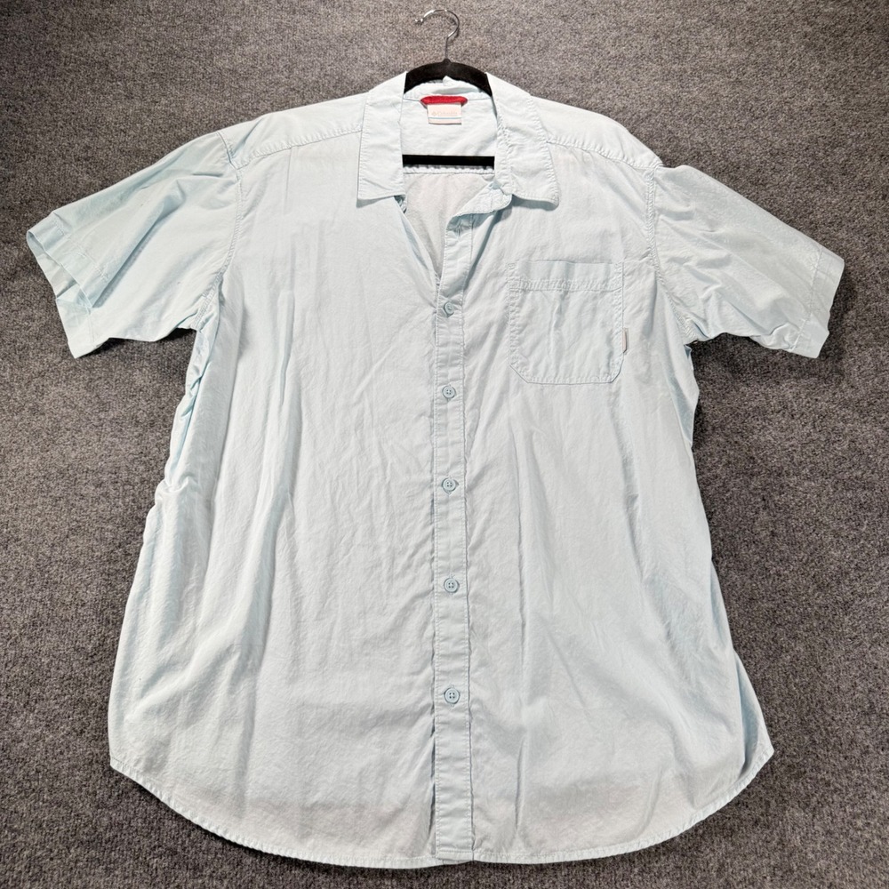 Columbia Shirt Men XXL Light Blue Cotton Short Sleeve Button Down Hiking Fishing